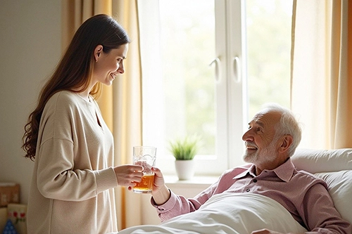 Eine junge Frau pflegt liebevoll einen älteren Herrn