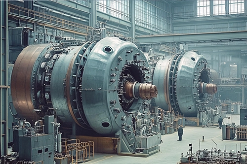 Zwei riesige Turbinen in einer Fabrikhalle